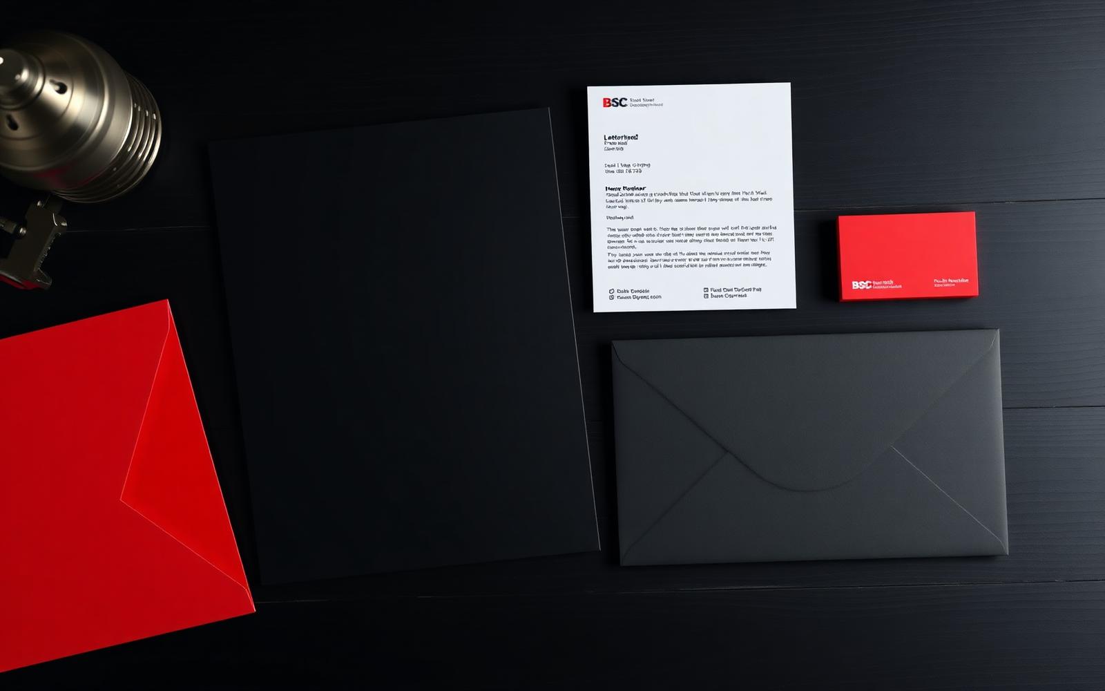 Premium corporate stationery in black, red and burgundy